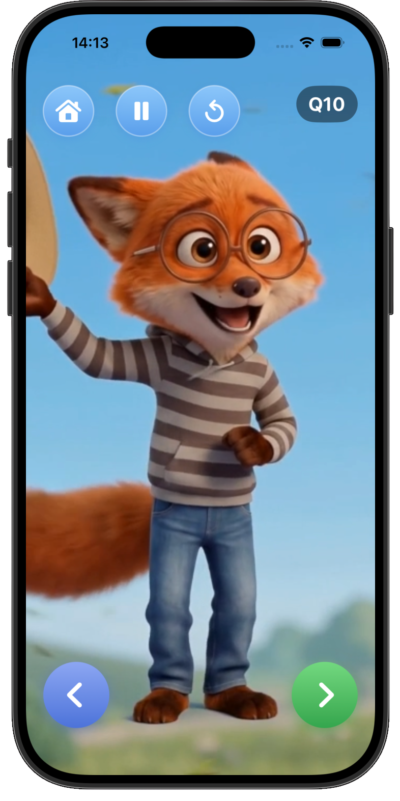 Mirus guiding a sunny science story scene in the app